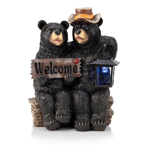 15 in. Tall Outdoor Bear Couple with Lantern and Welcome Sign Statue with Solar LED Light Yard Art Decoration
