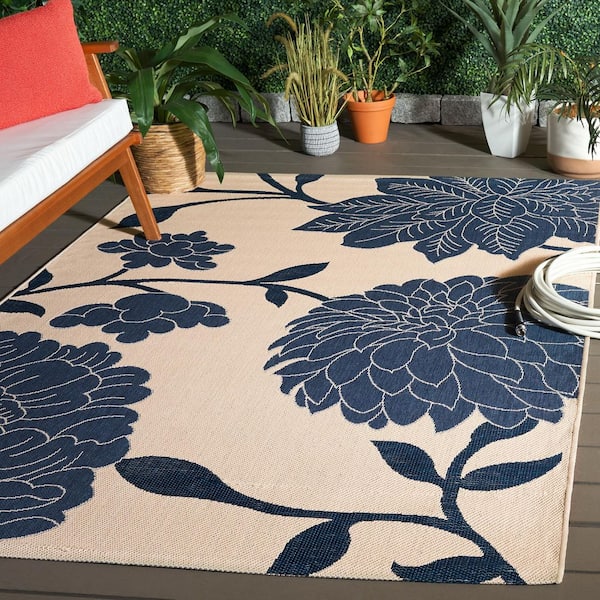 Courtyard Beige/Blue 5 ft. x 5 ft. Floral Scroll Indoor/Outdoor Square Area Rug