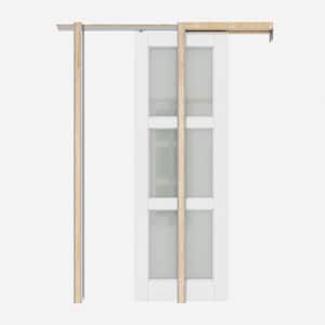 28 in. x 80 in. 3-Lite Frosted Glass White Primed MDF Pocket Sliding Door with Pocket Door Hardware Set and Soft Close