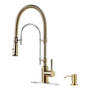 Single Handle Pull Down Sprayer Kitchen Faucet Solid Brass with Soap Dispenser in Gold and Chrome