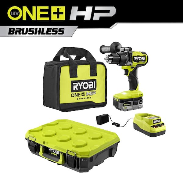 RYOBI ONE+ HP 18V Brushless Cordless 1/2 in. Hammer Drill Kit with Battery, Charger, and Bag, with LINK Standard Tool Box