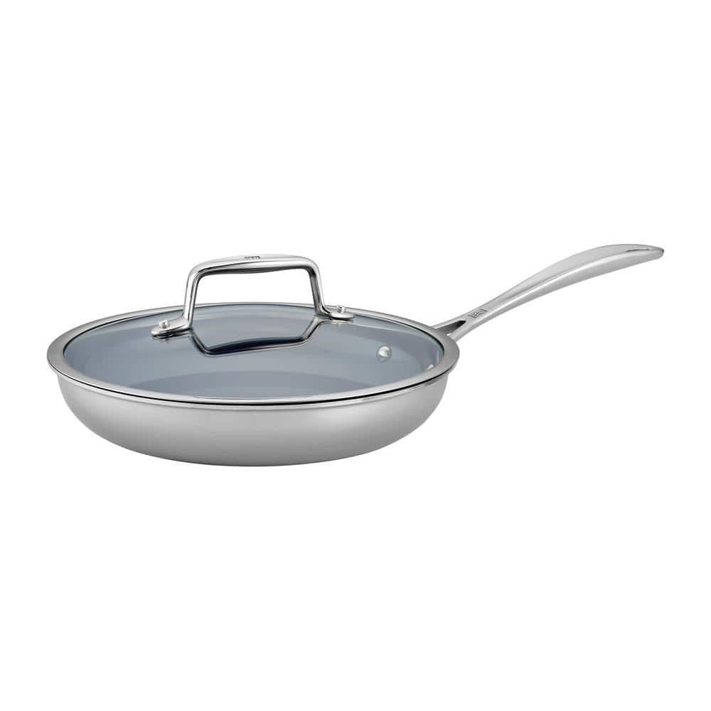 9.5-inch Silver Stainless Steel Ceramic Nonstick Fry Pan with Glass Lid