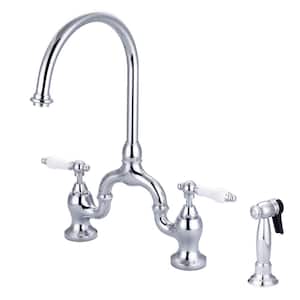 Banner Two Handle Bridge Kitchen Faucet with Porcelain Lever Handles in Polished Chrome