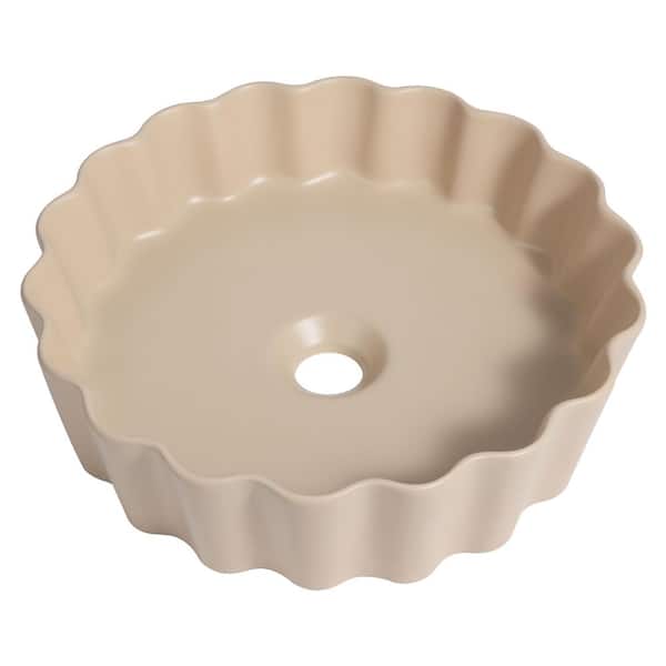 Atelier 15 in. Round Art Deco Contemporary Scalloped Ceramic Bathroom Vessel Sink, Matte Beige