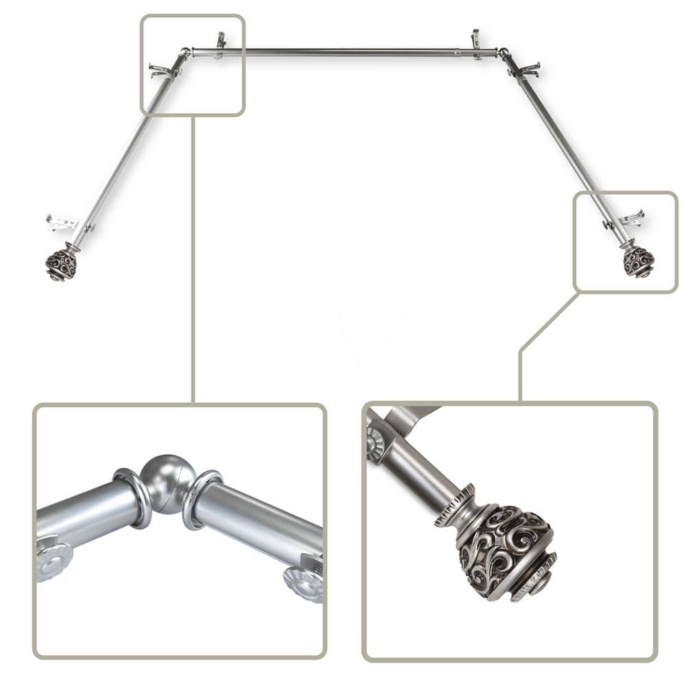 Adjustable Satin Nickel Bay Window Curtain Rod with Decorative Finials