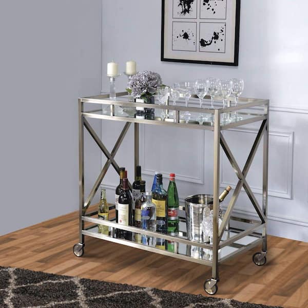 Benjara Metal Framed Silver and Clear 2-Tier Serving Cart with X Shaped Side Panels
