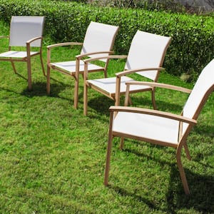 Set of 4 Outdoor Patio Chairs, Integrated Stackable Wrought Iron Furniture Dining Chairs with Arms, Textilene Fabric