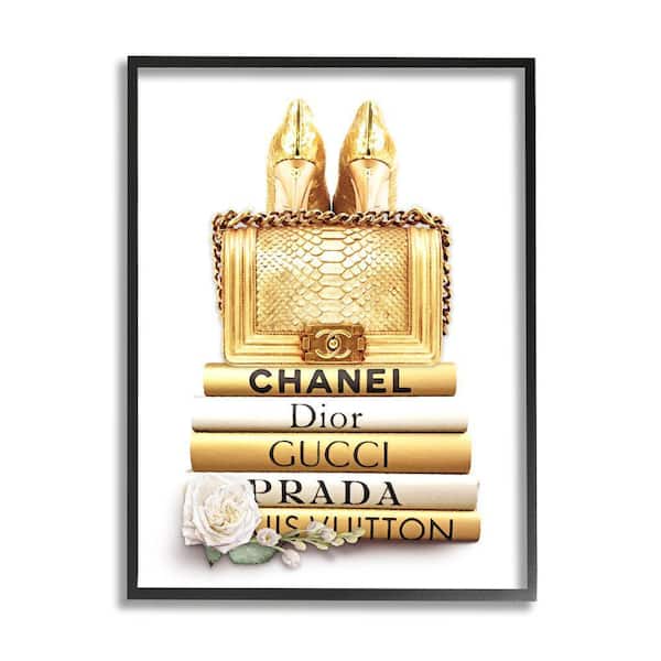 "Divine Golden Fashion Purse on Glam Designer Bookstack" by Ros Ruseva Framed Abstract Wall Art Print 11 in. x 14 in.