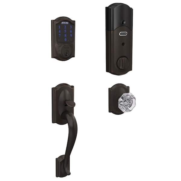 Camelot Connect Z-Wave Plus Smart Deadbolt in Satin Nickel with Alarm and Custom Alexandria Glass Knob Handleset