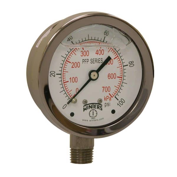 Winters Instruments PFP Series 2.5 in. Stainless Steel Liquid Filled Case Pressure Gauge with 1/4 in. NPT LM and Range of 0-100 psi/kPa