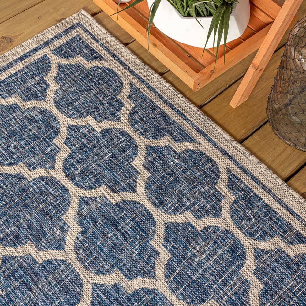 Navy & Gray Synthetic Geometric Square Indoor/Outdoor Rug - 5'