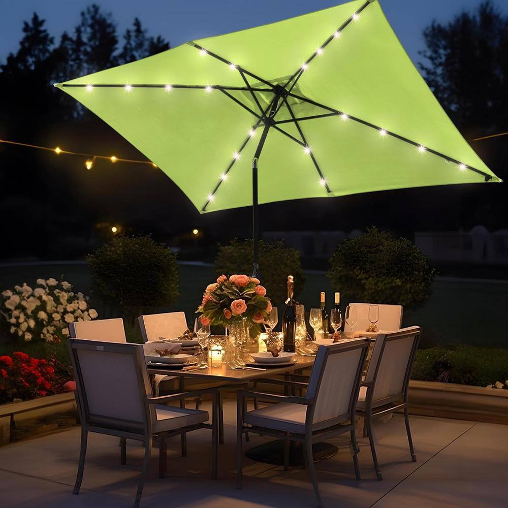 10 ft Lime Green Solar Powered LED Rectangle Patio Umbrella with Black Steel Pole
