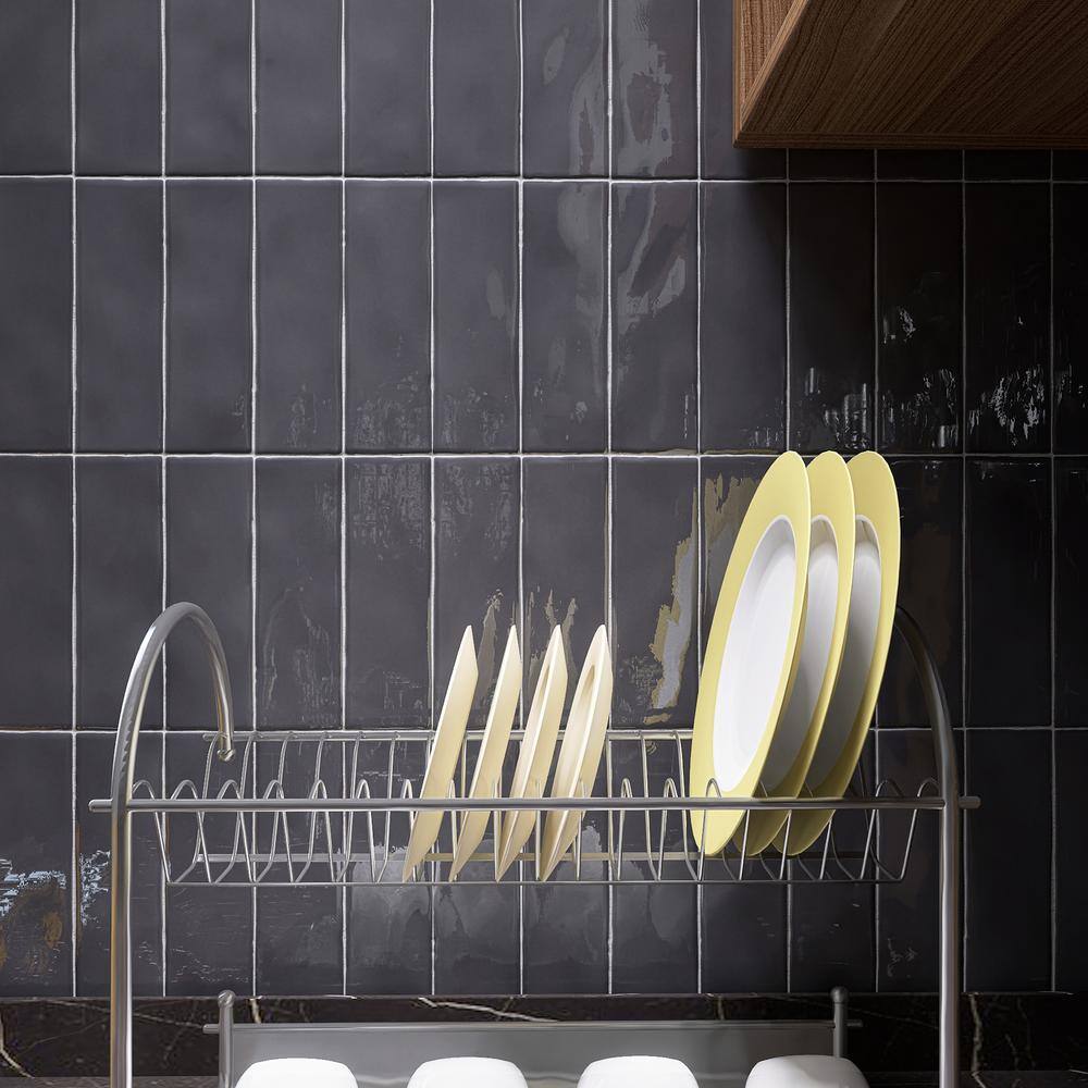 Graphite Gray Glossy Porcelain Wall and Floor Tile, 2.6" x 7.9"