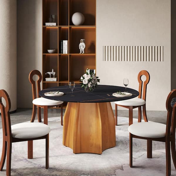 53.15 in. Black Round Sintered Stone Tabletop Walnut Pedestal Base Kitchen Dining Table (Seats-6)