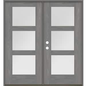 Modern 72 in. x 80 in. 3-Lite Right-Active/Inswing Satin Glass Malibu Grey Stain Double Fiberglass Prehung Front Door