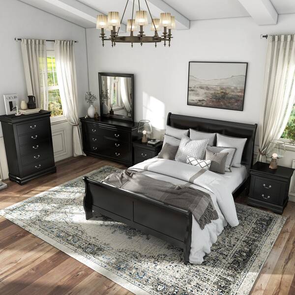 Furniture of America Mayday Traditional Solid Wood Kids 4-Piece Sleigh Bedroom Set - Black - Twin