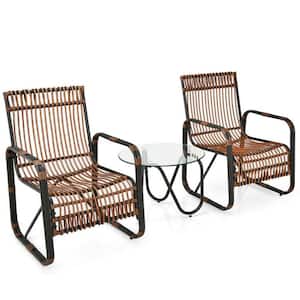 3-Pieces Wicker Outdoor Dining Set Patio Rattan Furniture Set with Glass Side Table