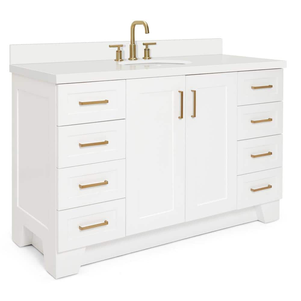 Taylor 55" White Quartz Single Sink Vanity with Brass Hardware