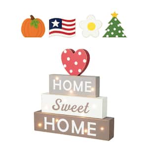 12.75 in. H Lighted Wooden Block Word Sign, w/5 Changeable Top Decors (Spring/Valentine/Patriotic/Fall/Christmas)