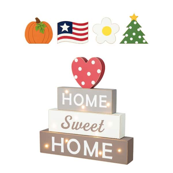 Glitzhome 12.75 in. H Lighted Wooden Block Word Sign, w/5 Changeable Top Decors (Spring/Valentine/Patriotic/Fall/Christmas)