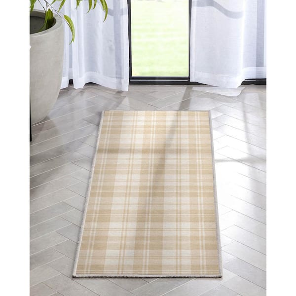 Beige Brown 2 ft. x 5 ft. Runner Apollo Plaid Farmhouse Geometric Area Rug