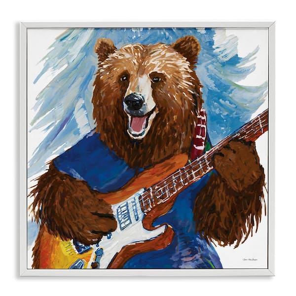 Stupell Industries Bear Playing Guitar by Seven Trees Design White Framed Animal Giclee Art Print 24 in. x 24 in.