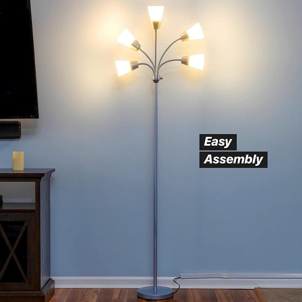 Silver 78" Adjustable 5-Light LED Floor Lamp with White Shades