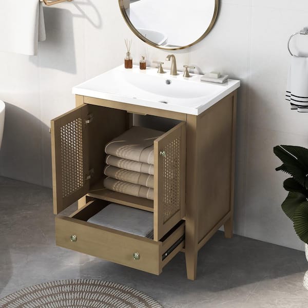 24.00 in. W x 18.00 in. D x 33.98 in. H Modern Bathroom Vanity in Natural with Ceramic Sink Top and Drawers