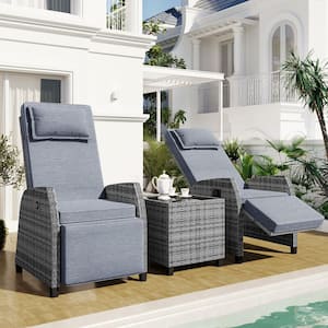 Adjustable Gray Wicker Outdoor Recliner with Gray Cushions and Table
