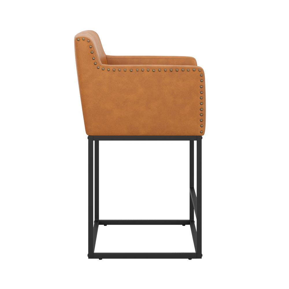 Side view of a whiskey brown faux leather bar stool with black metal frame.