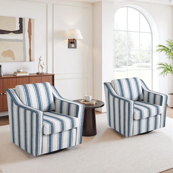 Modern Navy Stripe Line Upholstered Swivel Accent Barrel Chair with Metal Base (Set of 2)
