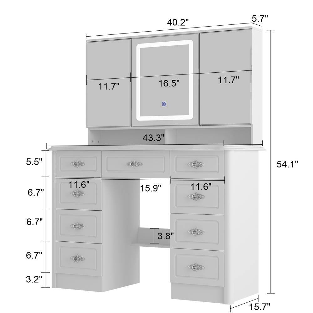 White Makeup Vanity Table Dressing Desk W/3-Mirrors,LED Lighted, 9-Drawers, Hidden Storage Shelves, Carved Metal Handles - thumbnail 8