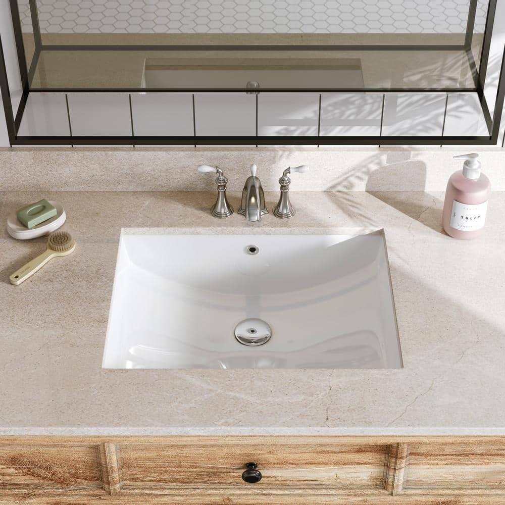 White Rectangular Ceramic Undermount Bathroom Sink with Overflow Hole
