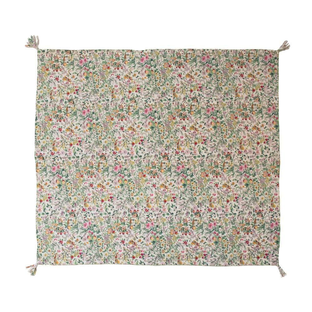 Multicolor Quilted Cotton Floral Throw with Tassels, 60" x 50"