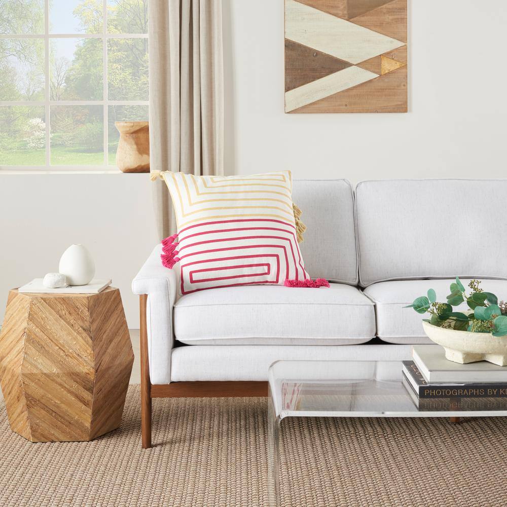 Hot Pink and Yellow Cotton Square Throw Pillow with Tassels