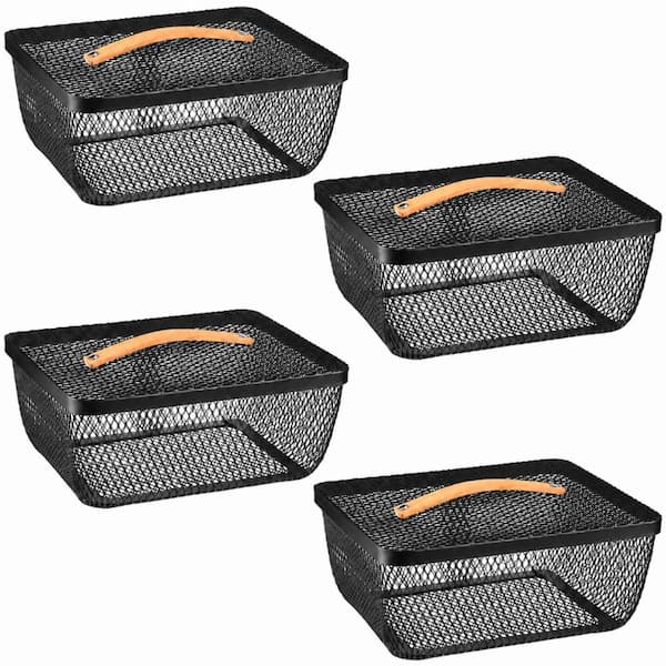 4-Piece Black Metal Mesh Picnic Basket Set with Lids and Wooden Handles 9.65 x 7.68 Inch Wire Storage Hampers