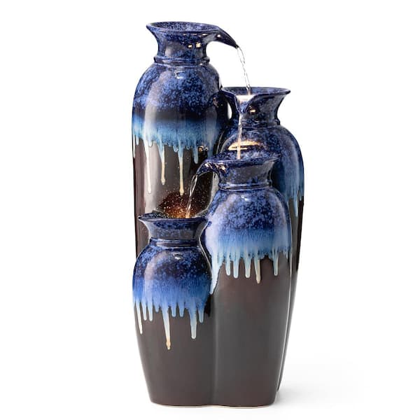 Glitzhome 30.75in. H Outdoor 4-Tiered Cobalt Blue, Brown Reactive Glaze Ceramic Vase Water Floor Fountain with Pump and LED Light