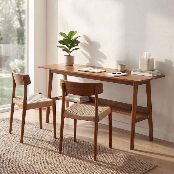 63 in. Walnut Wood Rectangular 2-Person Computer Desk with Storage Shelf for Home Office, Living Room and Study
