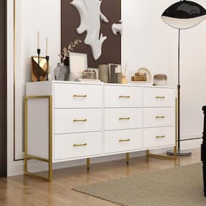 White & Golden 9-Drawers 61.4 in. Width Wooden Chest of Drawers, Dresser, Storage Cabinet for Living Room, Bedroom