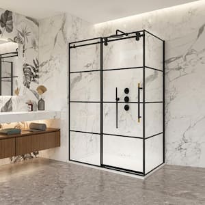 Losar 48 in. W x 78 in. H Rectangle Sliding Frameless Corner Shower Dooe Enclosure in Matte Black with Clear Glass