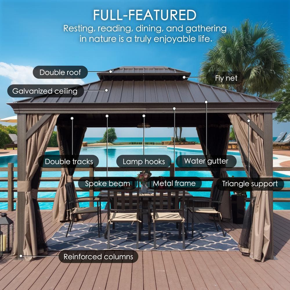 Alexander 12'x14' Dark Brown Aluminum and Polycarbonate Hardtop Gazebo
