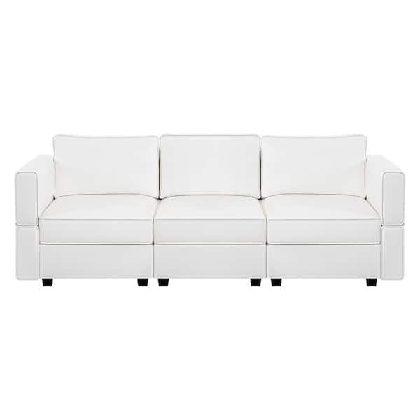MAYKOOSH 61.02 in. W White Faux Leather 1 Piece Sectional Sofa with Storage 3-Seater Living Room Suite for Small Spaces