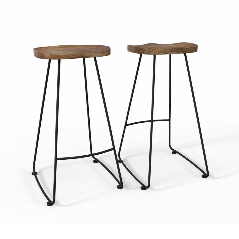 Rustic Black Elm Wood 30" Saddle Bar Stool, Set of 2