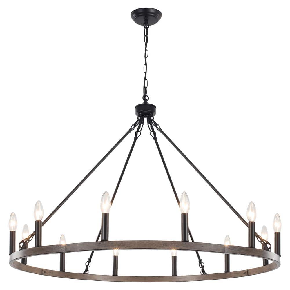 12-Light Black & Imitation Wood Grain Modern Candlestick Wagon Wheel Chande
