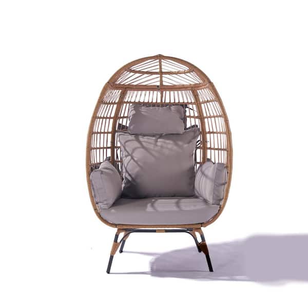 Afoxsos 39 in. 1-Person Outdoor Garden Rattan Egg Swing Chair Patio Hanging Chair with Light Gray Cushion