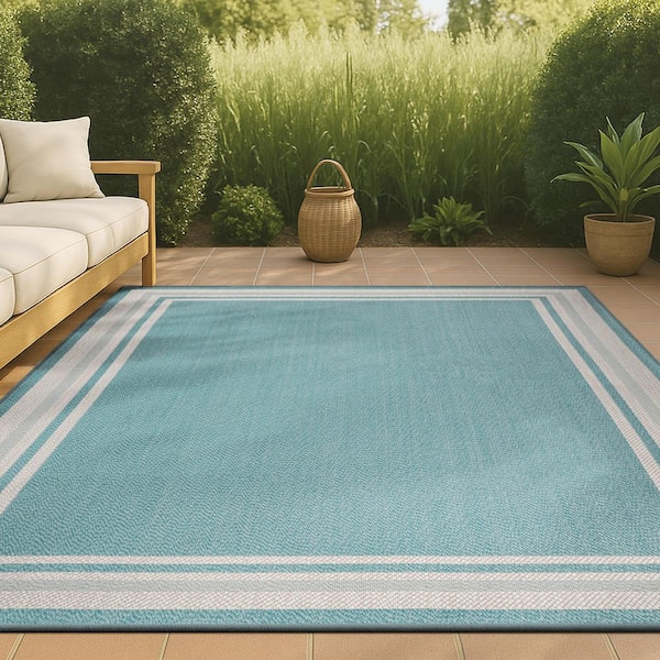James Modern Aqua/Beige 3 ft. x 5 ft. Border Stripe Indoor/Outdoor Area Rug