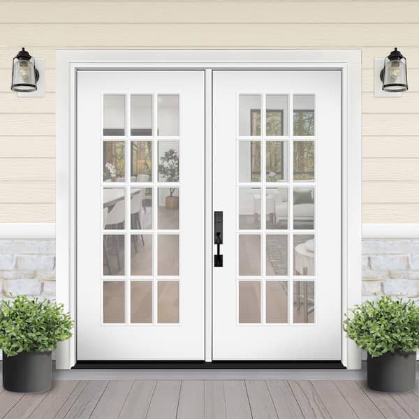 Reliant 64 in. x 80 in. FullLite 15L-SDL Clear Glass RHIS Unfinshd White Fiberglass Double Prehung Front Door w/6" Jamb