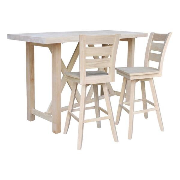 International Concepts 3-Piece Set - 72 in Solid Wood Unfinished Bar Table with 2 Bar Stools