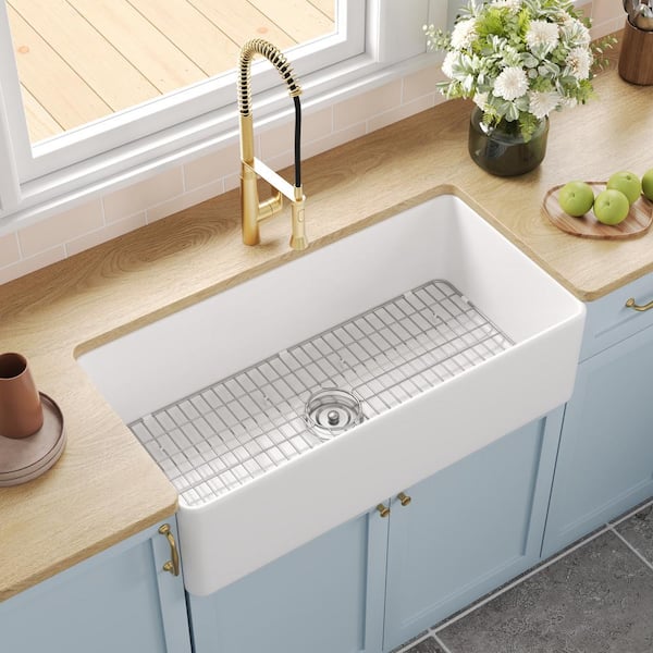 Grove White Fireclay 36 in. L x 18 in. W Rectangular Single Bowl Farmhouse Apron Kitchen Sink with Grid and Strainer