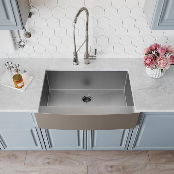 Kraus KHF20033KPF1602KSD30CH 33 Inch Farmhouse Single Bowl Stainless Steel  Sink with Spiral Spring Faucet, Soap Dispenser, 10 Inch Bowl Depth, Rear-Set  Drain and Scratch Resistant Satin Finish Sink